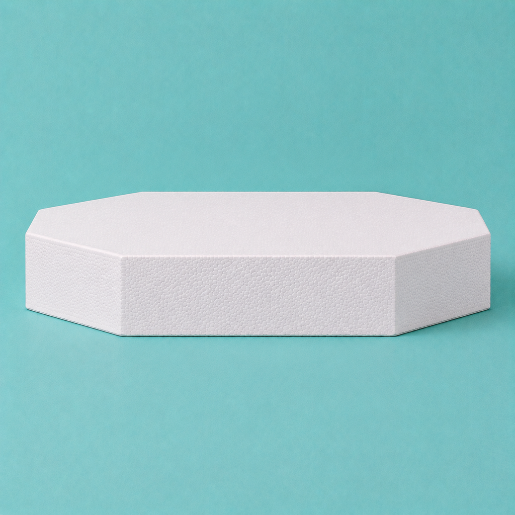 Octagon foam cake dummy 20 inch seen from the front, showing the perpendicular side wall and crisp top rim