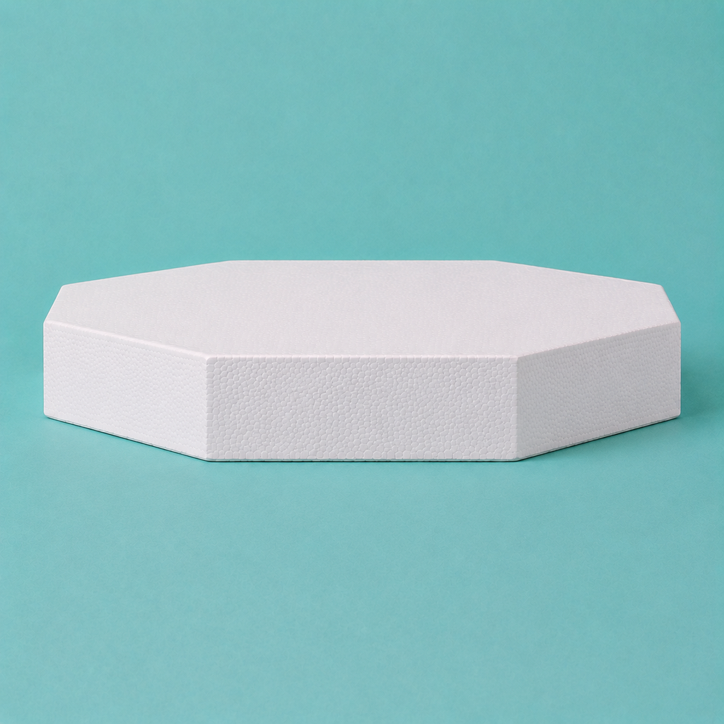 Octagon foam cake dummy 22 inch seen from the front, showing the perpendicular side wall and crisp top rim