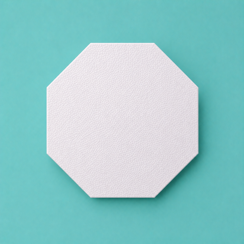 Octagon foam cake dummy 4 inch point to point, seen from above showing eight equal faces, smooth white finish