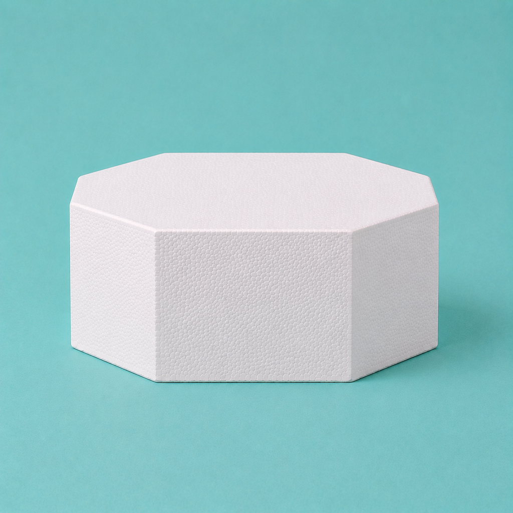 Octagon foam cake dummy 7 inch seen from the front, showing the perpendicular side wall and crisp top rim