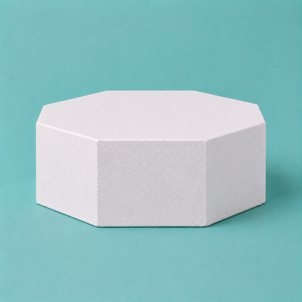 Octagon foam cake dummy 8 inch seen from the front, showing the perpendicular side wall and crisp top rim