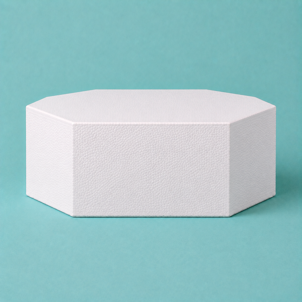 Octagon foam cake dummy 9 inch seen from the front, showing the perpendicular side wall and crisp top rim