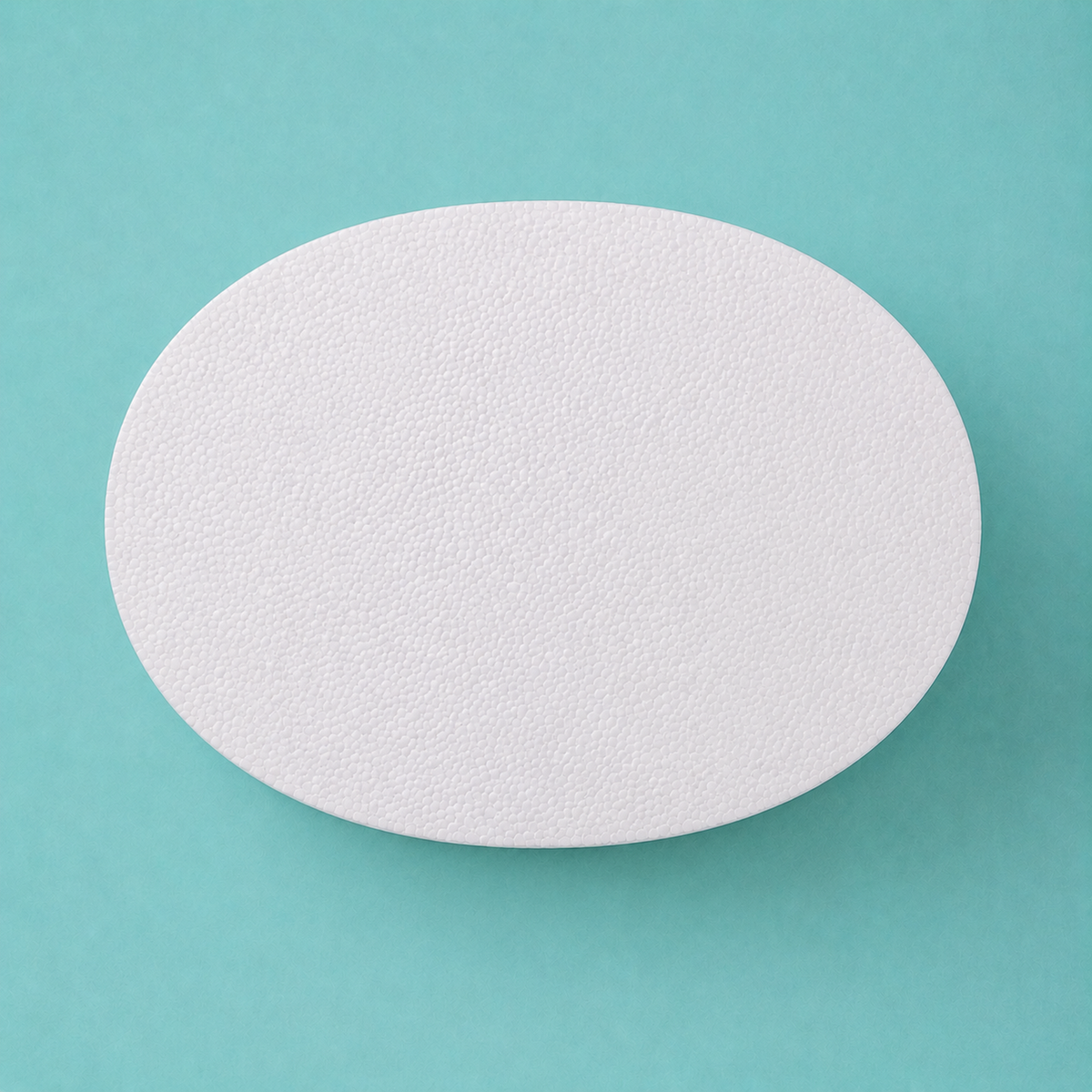 Oval foam cake dummy 12 by 9 inch, seen from above showing the true elliptical profile, smooth white finish