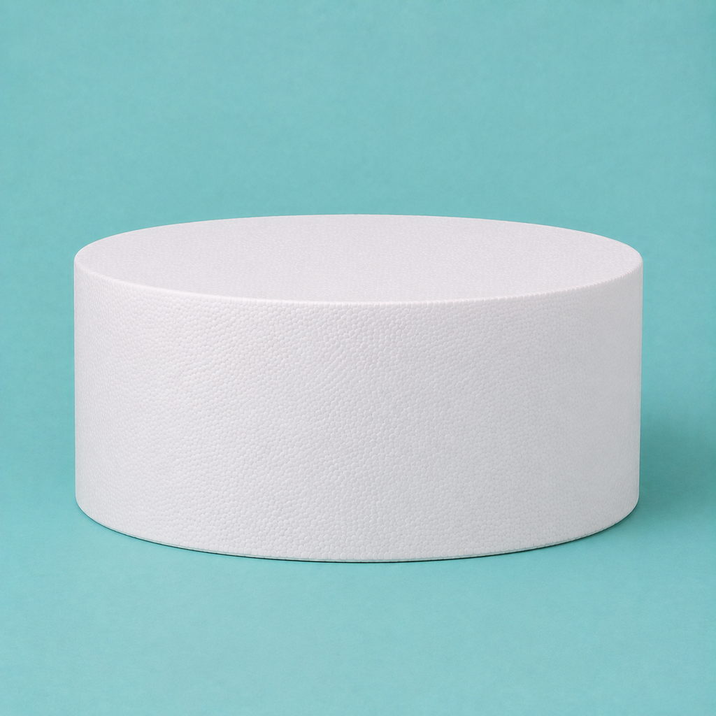 Oval foam cake dummy 14 by 10 inch base tier seen from the front, showing the perpendicular side and crisp top rim