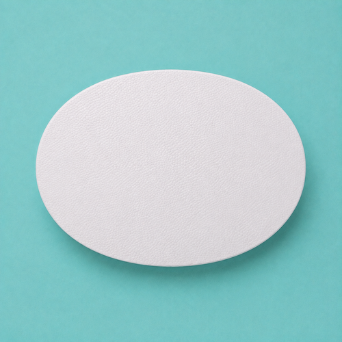Oval foam cake dummy 14 by 10 inch base tier, seen from above showing the true elliptical profile, smooth white finish