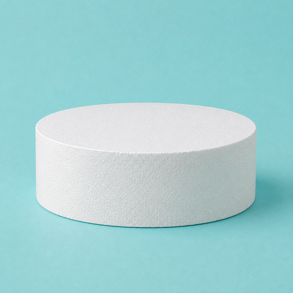Oval foam cake dummy 8 by 6 inch, 3 inches tall, seen from the front showing the perpendicular side and crisp top rim