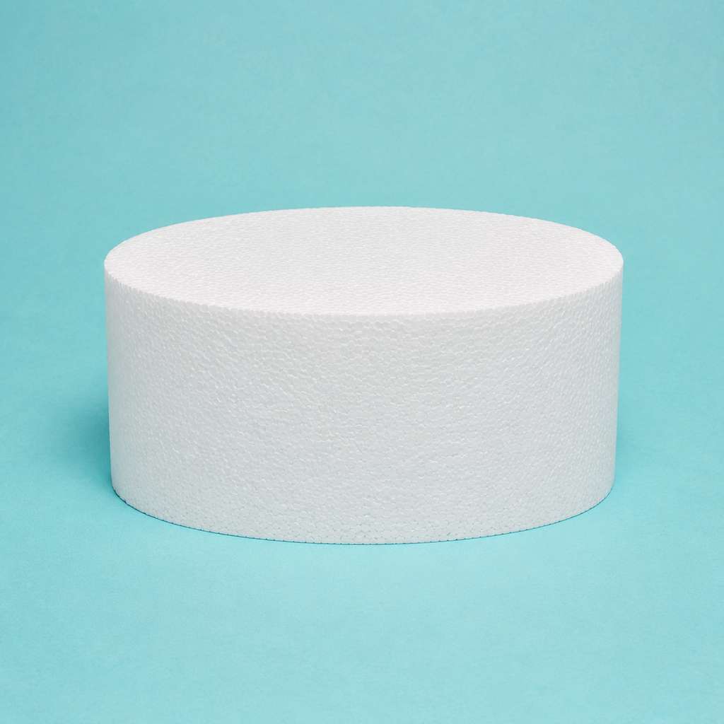 Oval foam cake dummy 8 by 6 inch, 5 inches tall, seen from the front showing the perpendicular side and crisp top rim