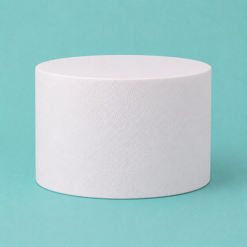 Oval foam cake dummy 8 by 6 inch seen from the front, showing the perpendicular side and crisp top rim