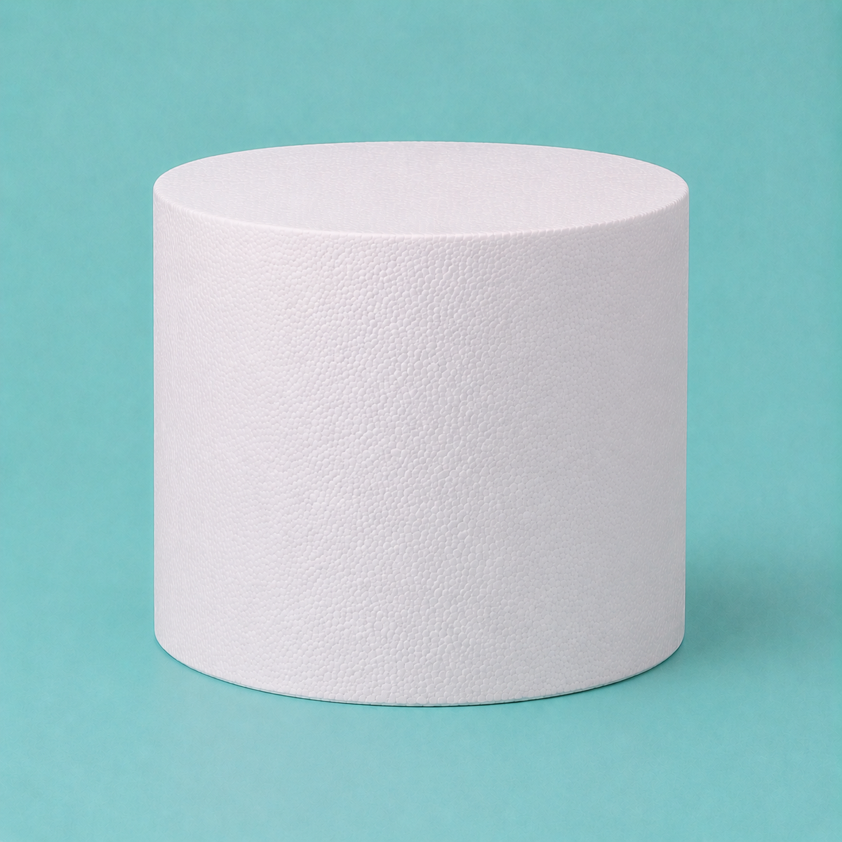 Extra tall round foam cake dummy, 8 inch diameter by 8 inch tall, square profile, smooth white finish