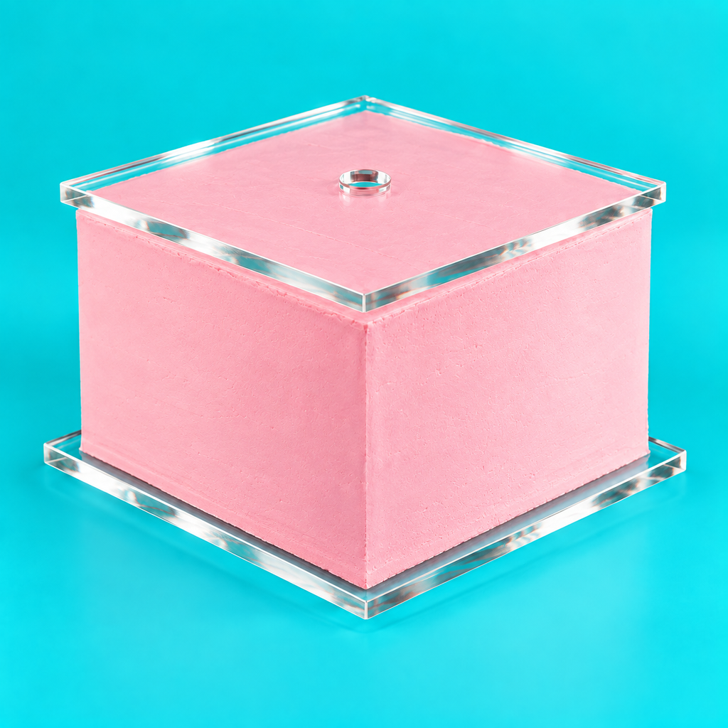 Square pink cake displayed on clear square acrylic cake disks