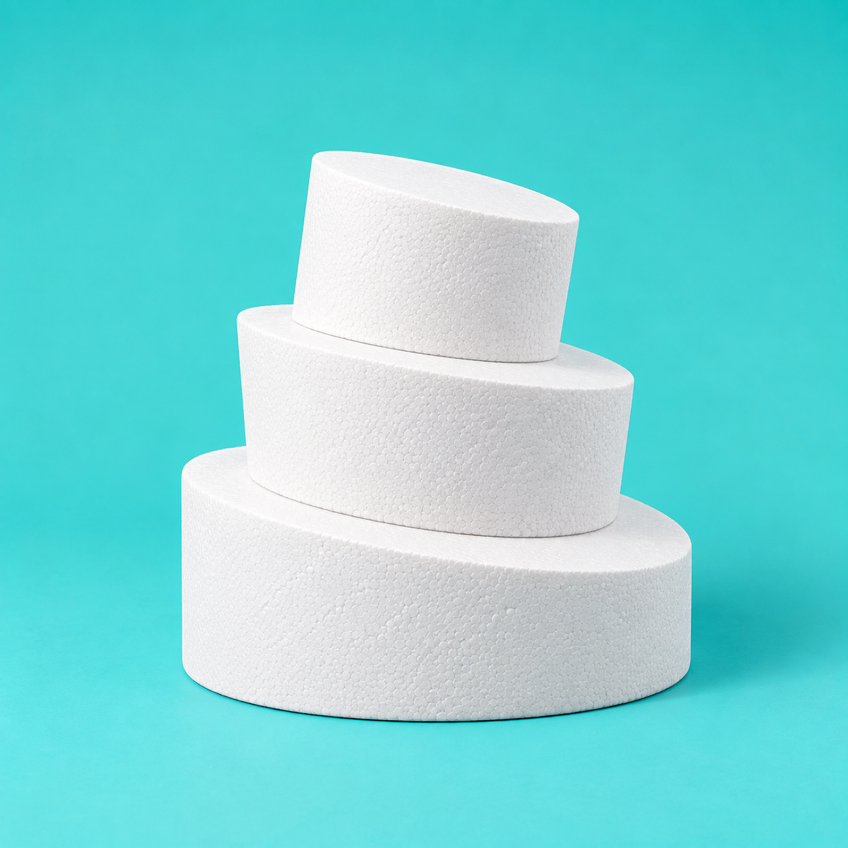 Wide Spaced Set: 6, 10, 14 inch round topsy turvy cake dummies, Tall Angle
