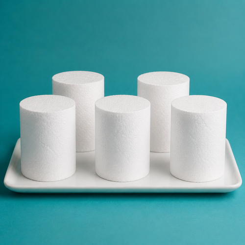 Foam mini cake dummy set of 5, 2 inch by 3 inch, cross section cut showing solid foam