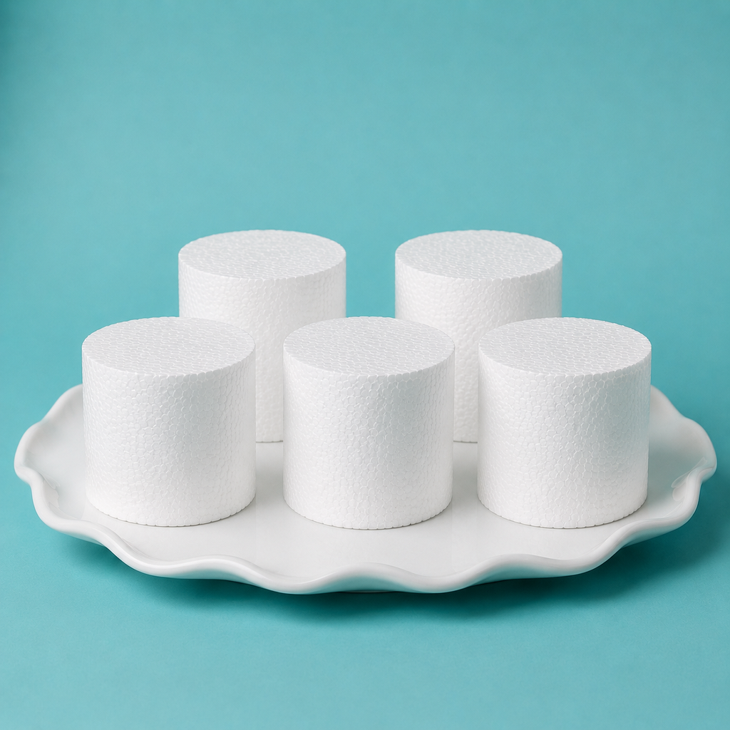 Foam mini cake dummy set of 5, 3 inch by 3 inch, cross section cut showing solid foam