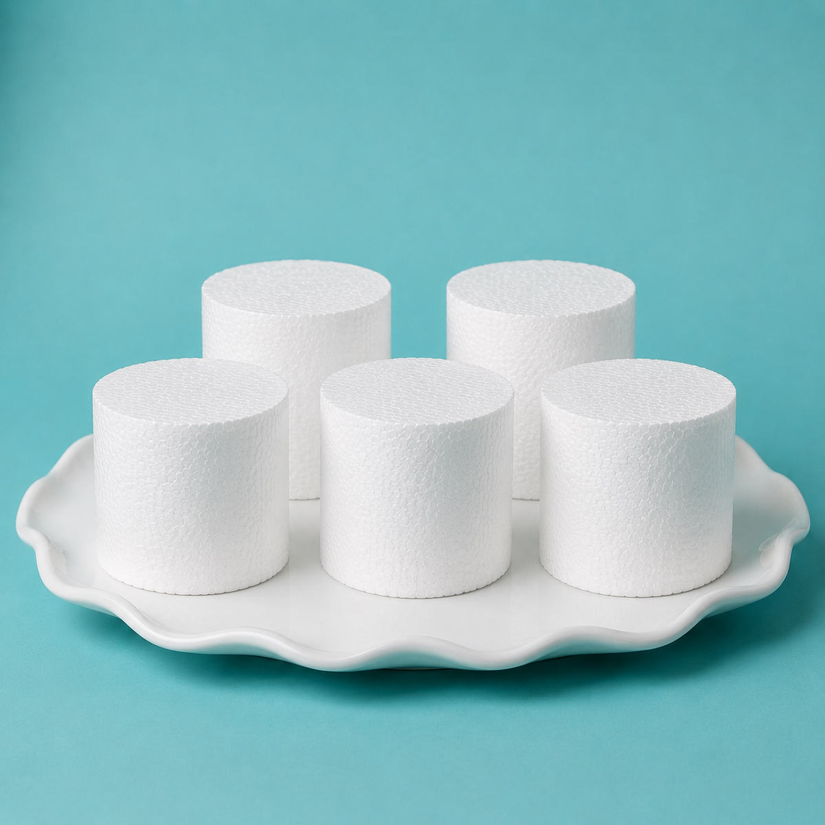 Foam mini cake dummy set of 5, 3 inch by 3 inch, cross section cut showing solid foam