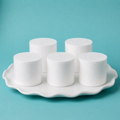 Foam mini cake dummy set of 5, 3 inch by 3 inch, cross section cut showing solid foam