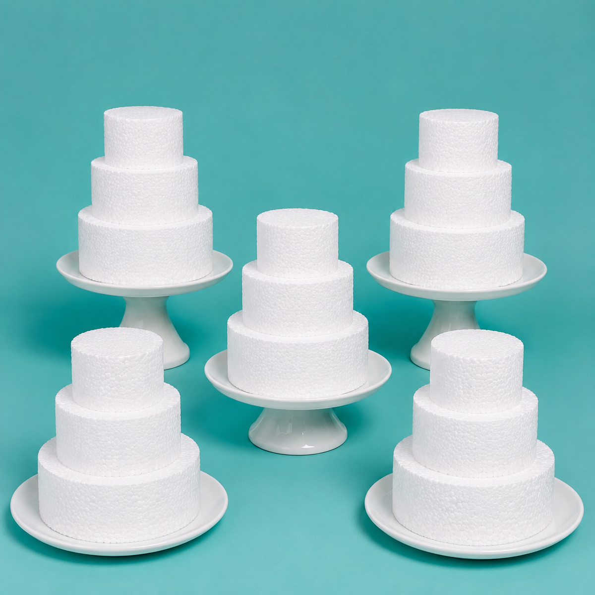 Foam mini 3-tier wedding cake tower, 4 inch base, cross section cut showing solid foam