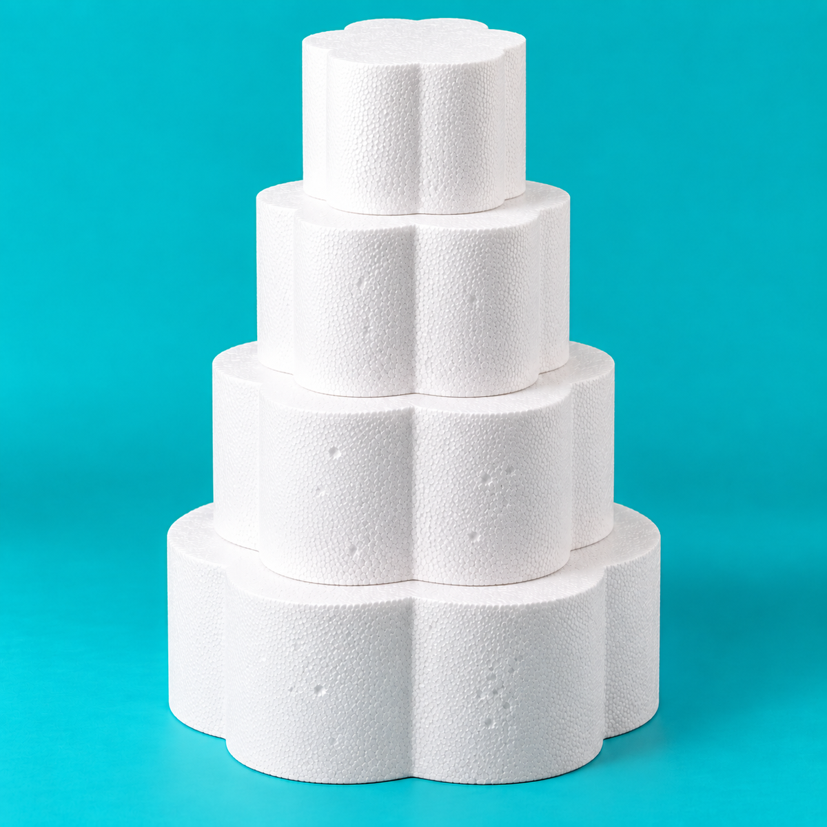 4-tier petal-shaped foam cake dummy set, 14, 12, 10 and 8 inch tiers, each 6 inches tall, smooth white finish
