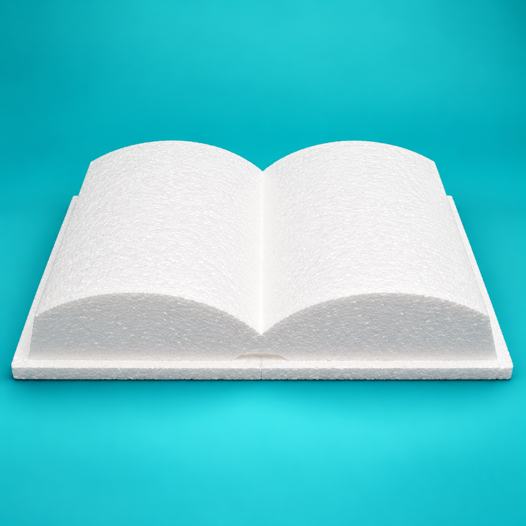 Open book foam cake dummy in white EPS foam, angled view showing curved pages