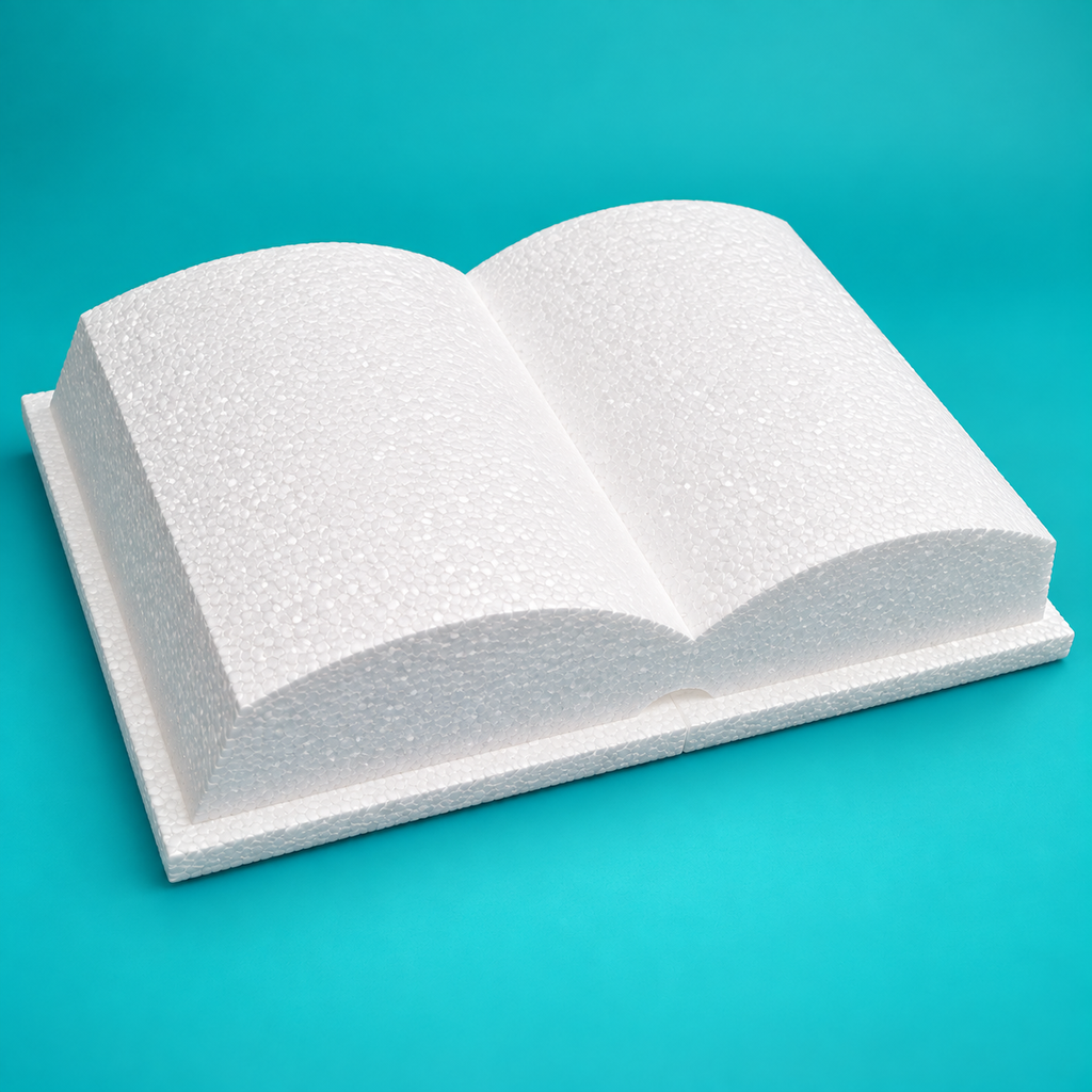 White open book foam cake dummy with two curved page blocks on a flat base, front view