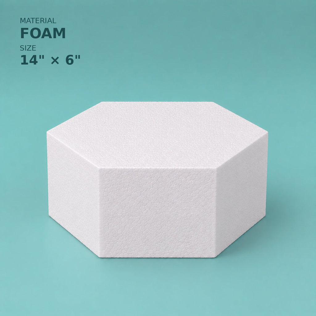 Hexagon foam cake dummy 14 inch point to point, 6 inch tall, smooth white finish, ready to decorate