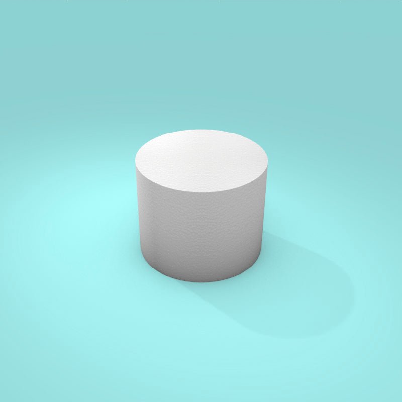 Round foam cake dummy 5 inch diameter by 4 inch tall, smooth white finish, ready to decorate