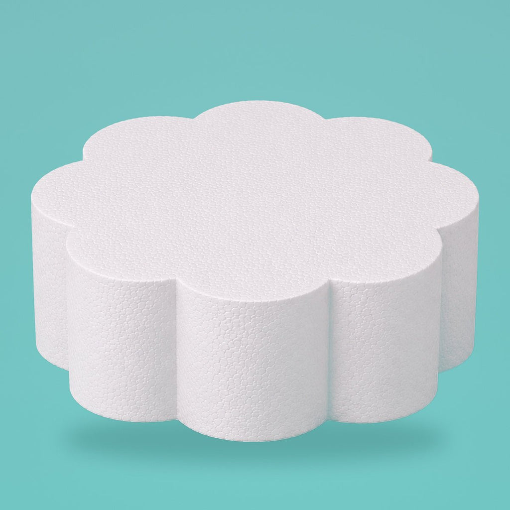 Petal foam cake dummy 12 inch diameter, 6 inch tall, rounded lobed edge, smooth white finish, ready to decorate