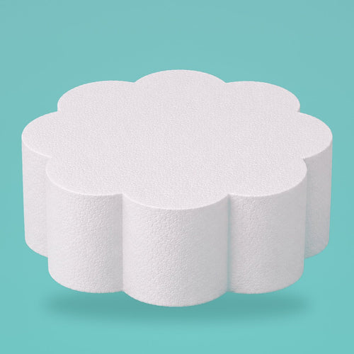 Petal foam cake dummy 12 inch diameter, 6 inch tall, rounded lobed edge, smooth white finish, ready to decorate