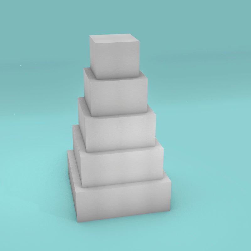 Square foam cake dummy tower set, 5 inch tall tiers, 6/8/10/12/14 inch sizes, ready to decorate