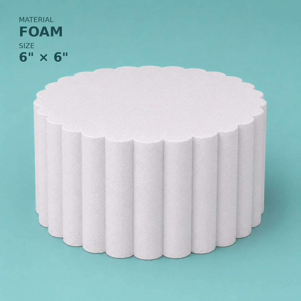 Scalloped foam cake dummy 6 inch diameter, 6 inch tall, wave-cut edge, smooth white finish, ready to decorate