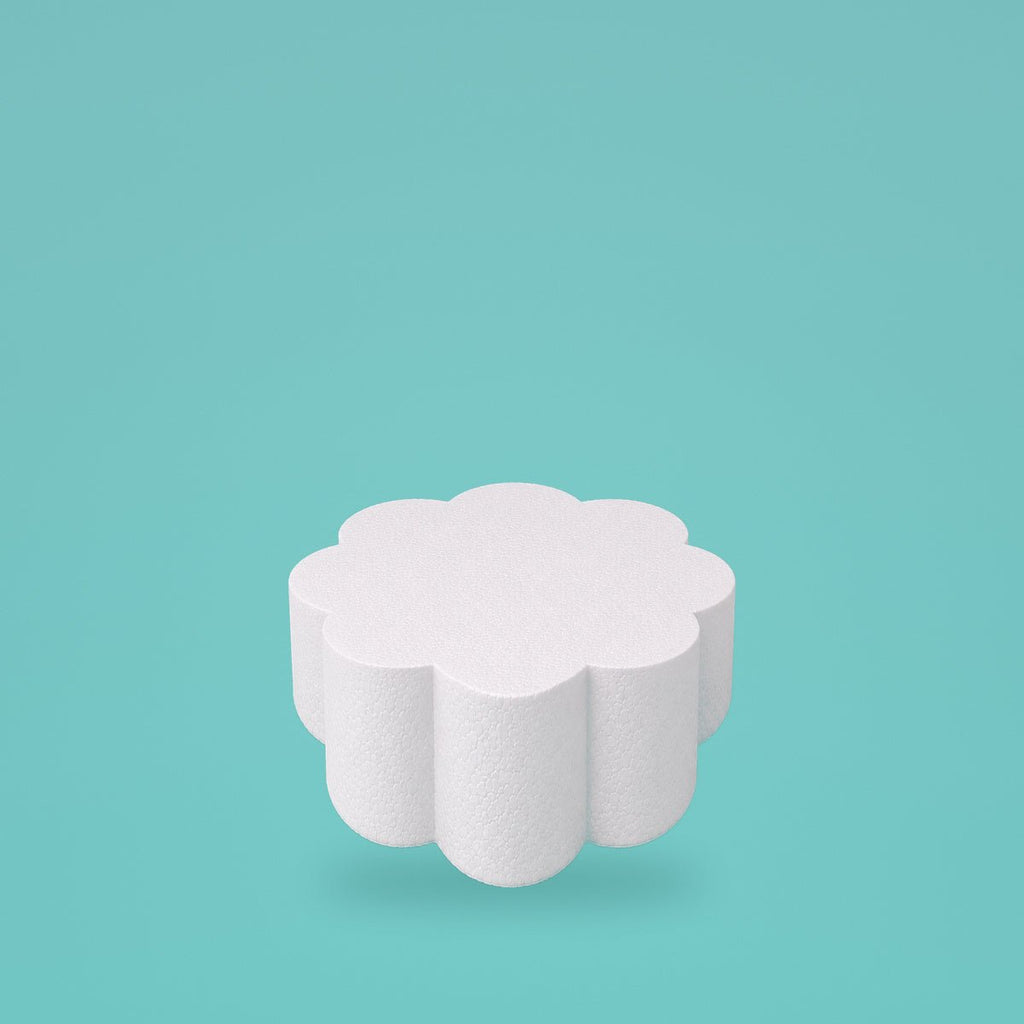 Petal foam cake dummy 6 inch diameter, 4 inch tall, rounded lobed edge, smooth white finish, ready to decorate