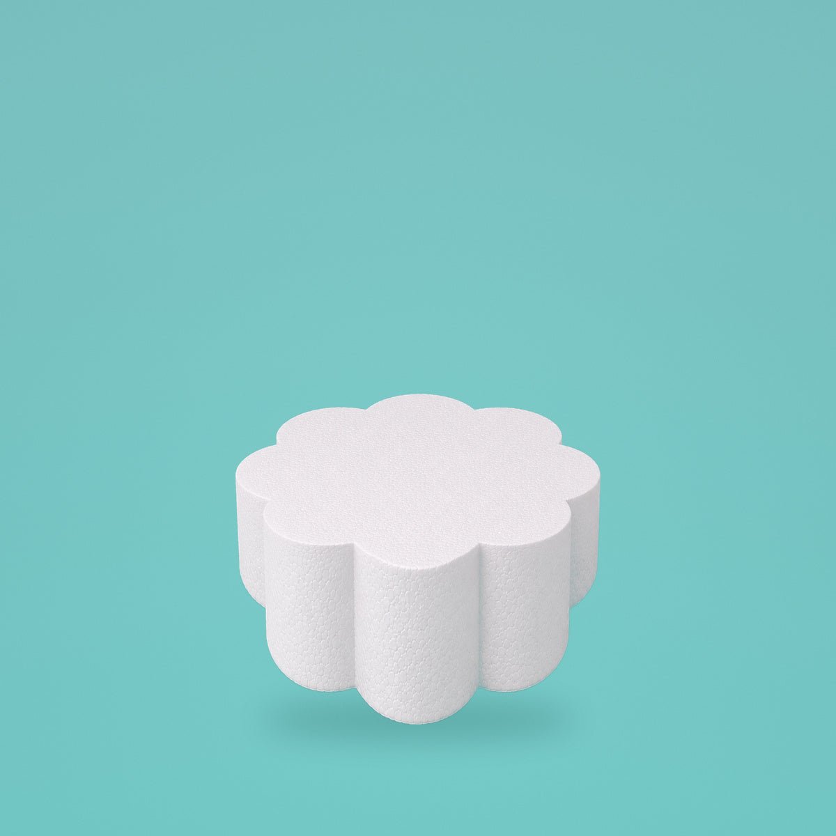 Petal foam cake dummy 6 inch diameter, 4 inch tall, rounded lobed edge, smooth white finish, ready to decorate