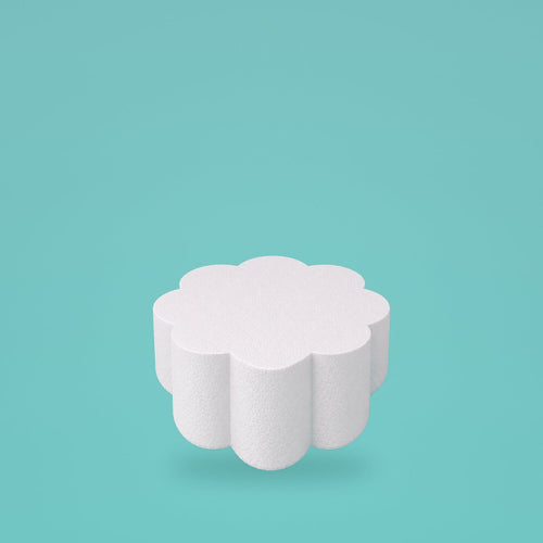 Petal foam cake dummy 6 inch diameter, 4 inch tall, rounded lobed edge, smooth white finish, ready to decorate