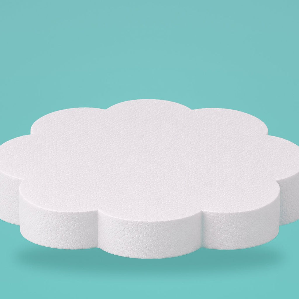 Petal foam cake dummy 14 inch diameter, 3 inch tall, rounded lobed edge, smooth white finish, ready to decorate