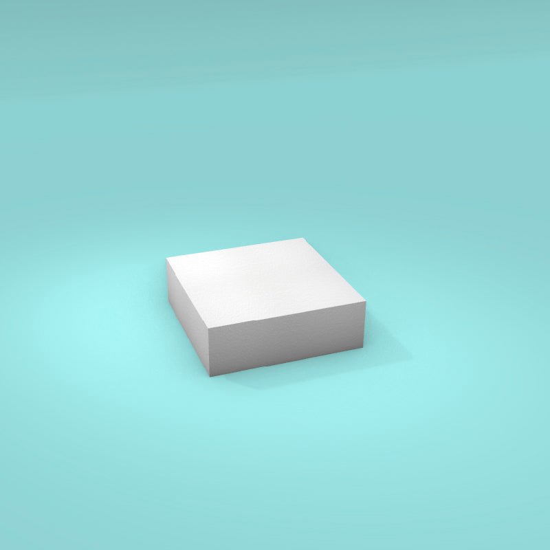 Square foam cake dummy 6 inch by 6 inch, 2 inch tall, smooth white finish, ready to decorate