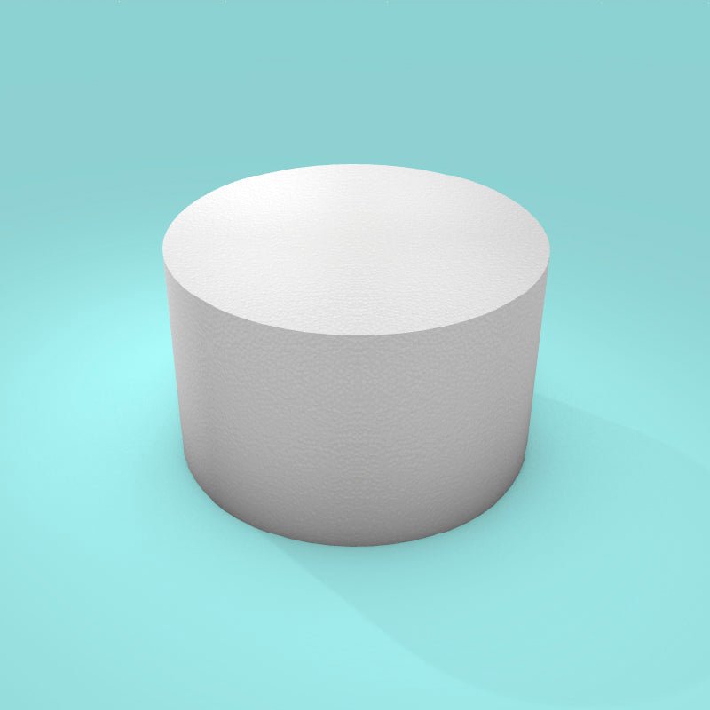 Round foam cake dummy 8 inch diameter by 5 inch tall, smooth white finish, ready to decorate
