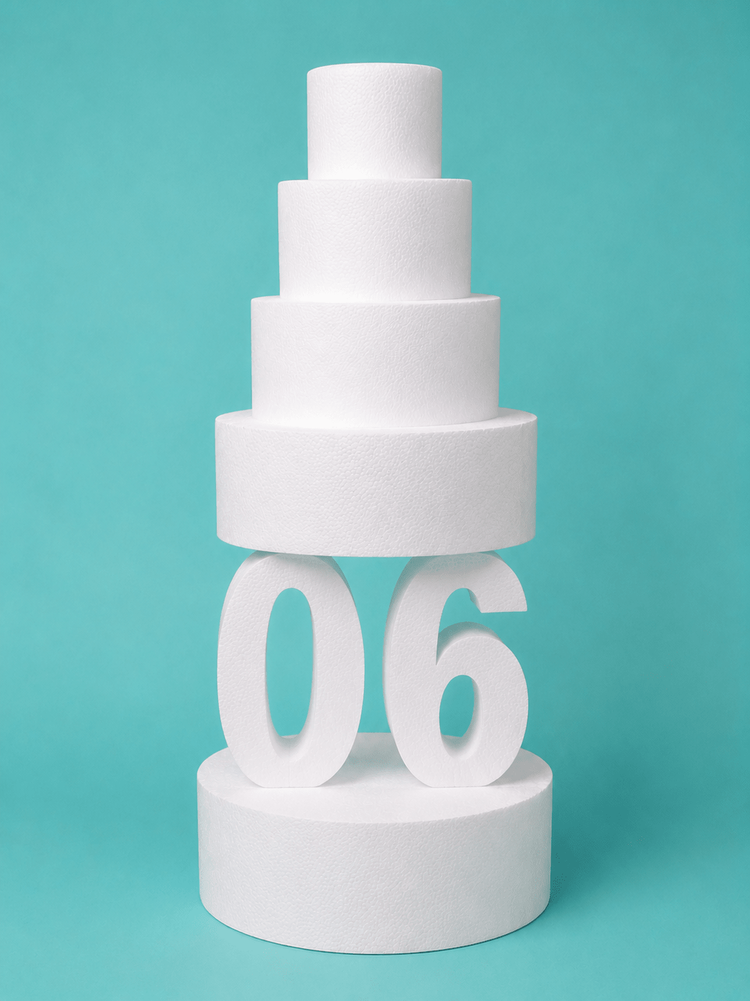 Number 6 foam cake dummy, 14 inch tall digit, 4 inch thick, smooth white finish, ready to decorate
