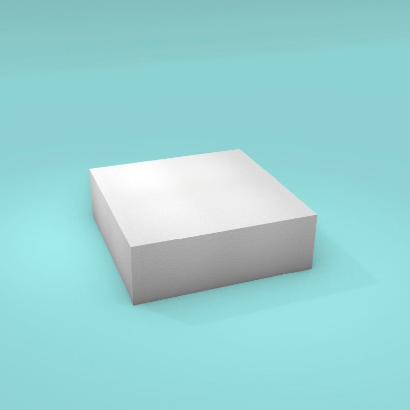 Square foam cake dummy 9 inch by 9 inch, 3 inch tall, smooth white finish, ready to decorate