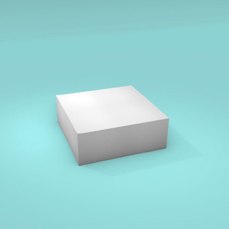 Square foam cake dummy 8 inch by 8 inch, 3 inch tall, smooth white finish, ready to decorate