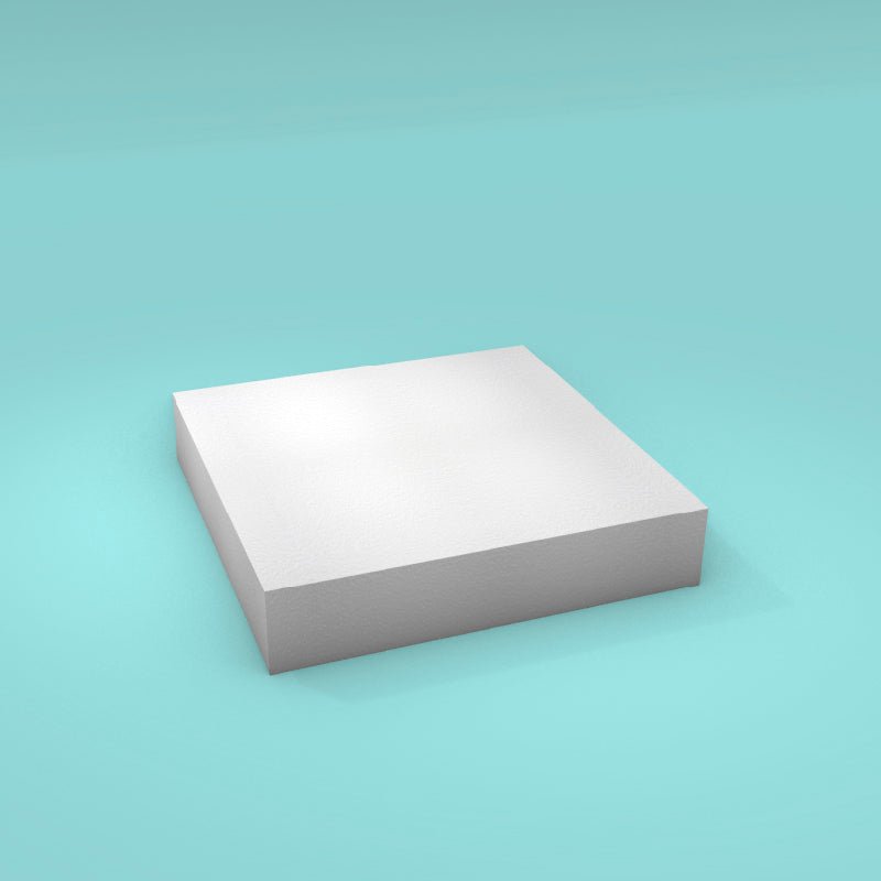 Square foam cake dummy 10 inch by 10 inch, 2 inch tall, smooth white finish, ready to decorate