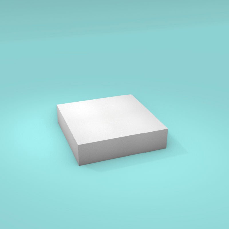 Square foam cake dummy 8 inch by 8 inch, 2 inch tall, smooth white finish, ready to decorate