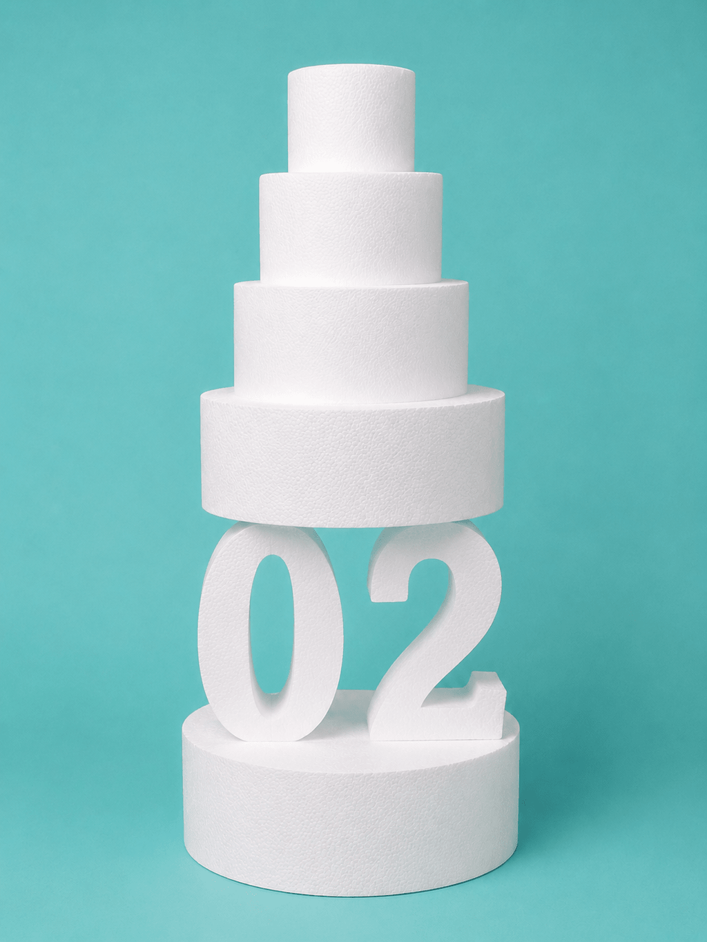 Number 2 foam cake dummy, 14 inch tall digit, 4 inch thick, smooth white finish, ready to decorate