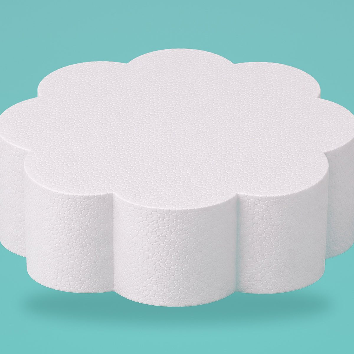 Petal foam cake dummy 14 inch diameter, 6 inch tall, rounded lobed edge, smooth white finish, ready to decorate