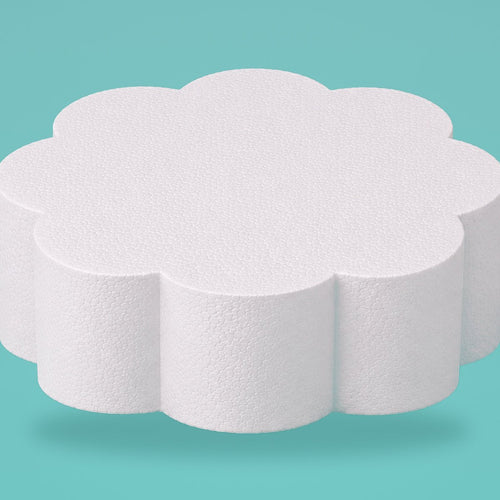 Petal foam cake dummy 14 inch diameter, 6 inch tall, rounded lobed edge, smooth white finish, ready to decorate