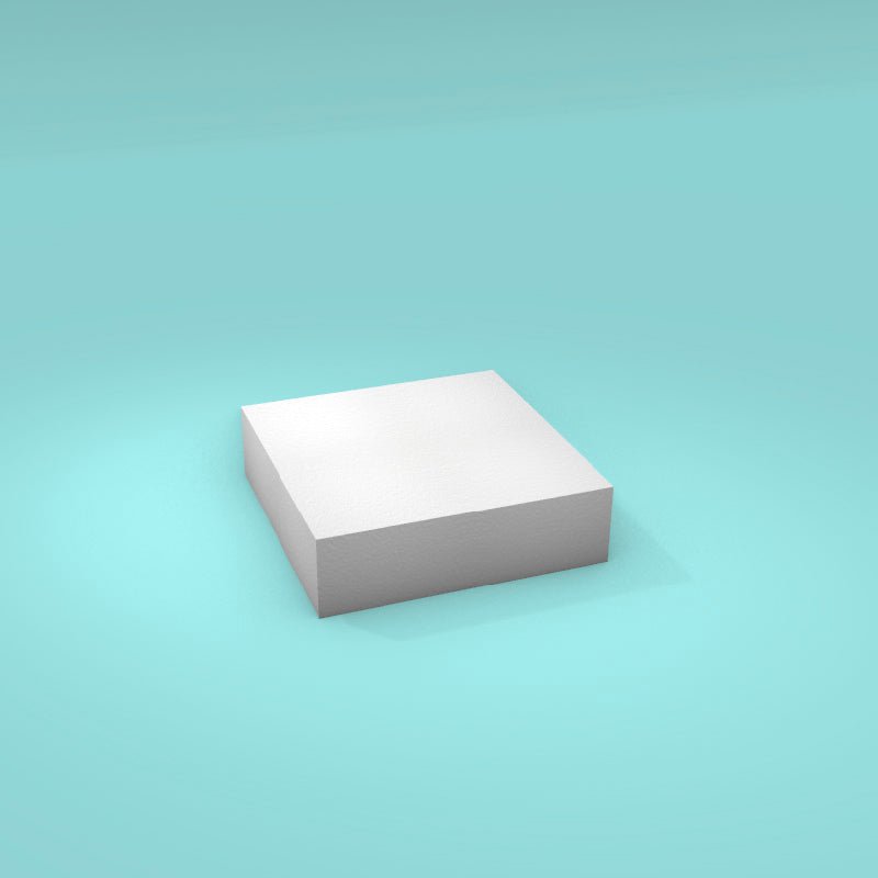 Square foam cake dummy 7 inch by 7 inch, 2 inch tall, smooth white finish, ready to decorate