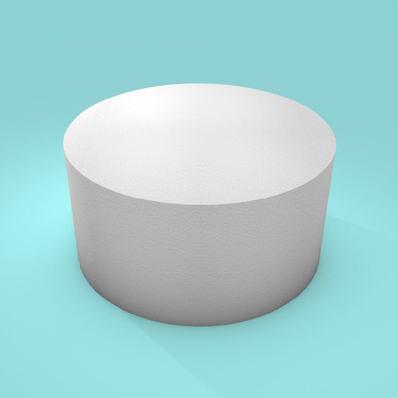 Round foam cake dummy 10 inch diameter by 5 inch tall, smooth white finish, ready to decorate