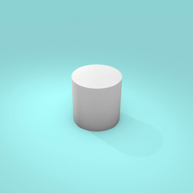 Round foam cake dummy 4 inch diameter by 4 inch tall, smooth white finish, ready to decorate