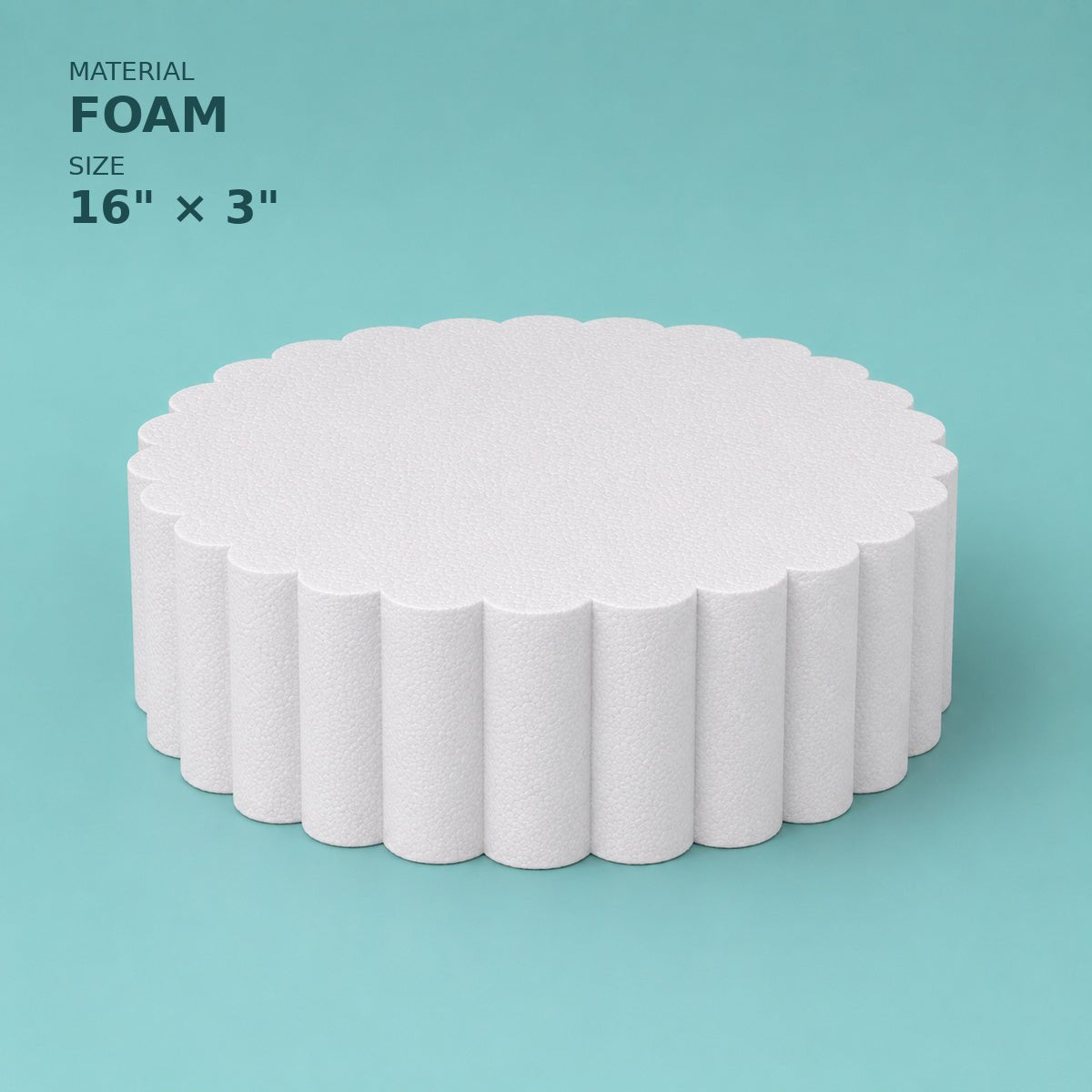 Scalloped foam cake dummy 16 inch diameter, 3 inch tall, wave-cut edge, smooth white finish, ready to decorate