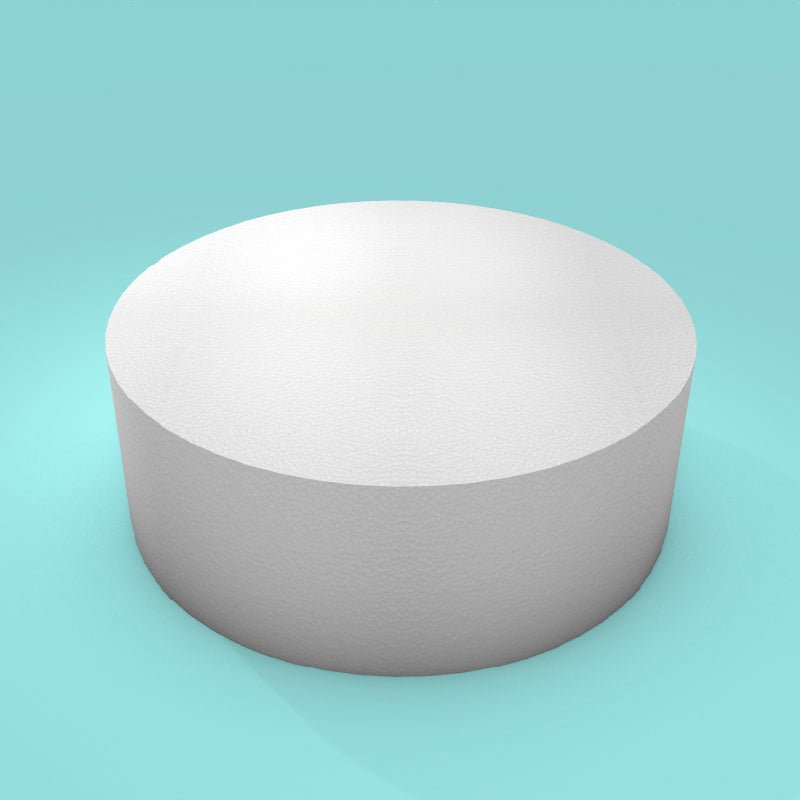 Round foam cake dummy 11 inch diameter by 4 inch tall, smooth white finish, ready to decorate