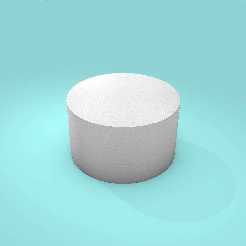 Round foam cake dummy 7 inch diameter by 4 inch tall, smooth white finish, ready to decorate