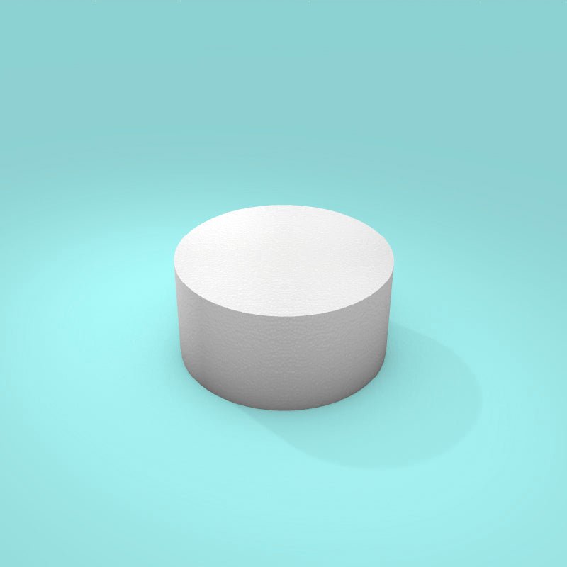 Round foam cake dummy 6 inch diameter by 3 inch tall, smooth white finish, ready to decorate